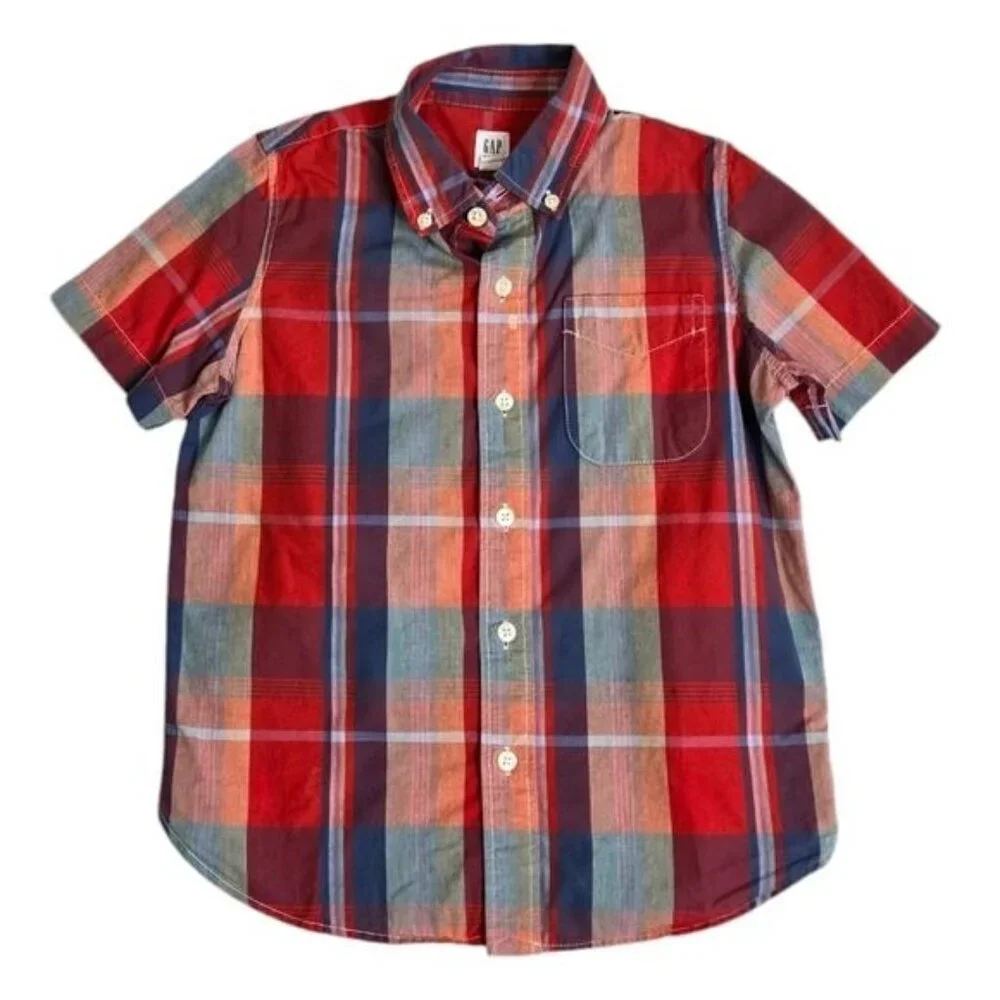 Gap kids orange and blue plaid short sleeve button down shirt small (6-7)